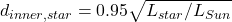  d_{inner,star} = 0.95 \sqrt{L_{star}/L_{Sun}} 