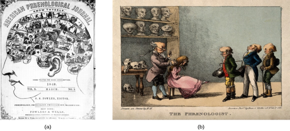 Photograph A shows the cover of the American Phrenological Journal circa 1848. Across the top it reads: “American Phrenological Journal.” Below that it says “Know thyself.” Below that is a picture of a human head facing left, with many pictures comprising the area where the brain is. Below the person’s ear it says “Home truths for home consumption.” The lines below that read: “1848,” “Vol. X, March, No. 3,” “O.S. Fowler, Editor,” “Phrenology, Physiology, Physiognomy, Magnetism,” “New York,” “Fowlers and Wells,” “Phrenological cabinet, 131 Nassau-Street,” and “Terms $1 a year, invariably in advance. Ten cts. a Number.” Photograph B shows a printed cartoon of a person in a chair with another person behind. There are three other people in the room, and the wall is decorated with various skulls. Below the picture it reads: “Drawn on Stone by E.H,” and “The Phrenologist.”