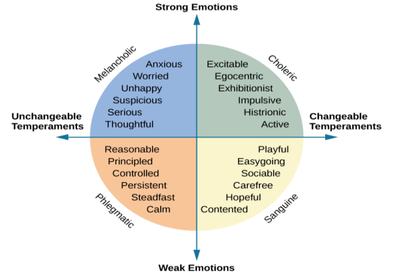 A circle is divided vertically and horizontally into four sections by lines with arrows at the ends. Clockwise from the top, the arrows are labeled “Strong Emotions,” “Changeable Temperaments,” “Weak Emotions,” and “Unchangeable Temperaments.” The arcs around the perimeter of the circle, clockwise beginning with the top right segment are labeled “Choleric,” “Sanguine,” “Phlegmatic,” and “Melancholic.” The sections inside each arc contain descriptive words. Inside the Choleric arc are the words “excitable, egocentric, exhibitionist, impulsive, histrionic, and active.” Inside the Sanguine arc are the words “playful, easygoing, sociable, carefree, hopeful, and contented.” Inside the Phlegmatic arc are the words “reasonable, principled, controlled, persistent, steadfast, and calm.” Inside the Melancholic arc are the words “anxious, worried, unhappy, suspicious, serious, and thoughtful.”