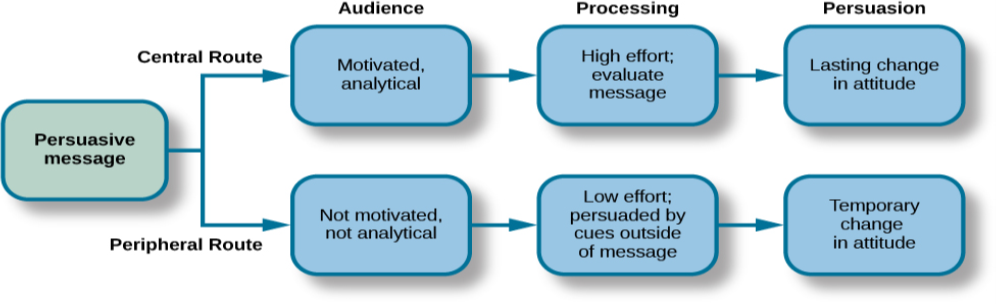 A diagram shows two routes of persuasion. A box on the left is labeled “persuasive message” and arrows from the box separate into two routes: the central and peripheral routes, each with boxes describing the characteristics of the audience, processing, and persuasion. The audience is “motivated, analytical” in the central route, and “not motivated, not analytical” in the peripheral route. Processing in the central route is “high effort; evaluate message” and in the peripheral route is “low effort; persuaded by cues outside of message.” Persuasion in the central route is “lasting change in attitude” and in the peripheral route is “temporary change in attitude.”