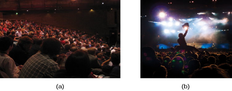 Photograph A shows people seated in an auditorium. Photograph B shows a person crowd surfing.