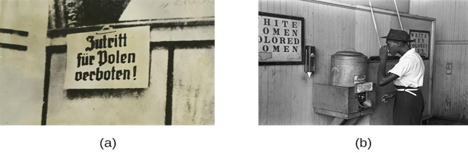 Photograph A shows a sign written in German. Photograph B shows a man drinking at a drinking fountain. Photograph C shows two people holding signs with hate messages.