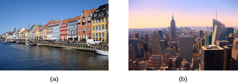 Photograph A shows a row of buildings by the water in Denmark. Photograph B shows an aerial view of a city in the United States including several skyscrapers.