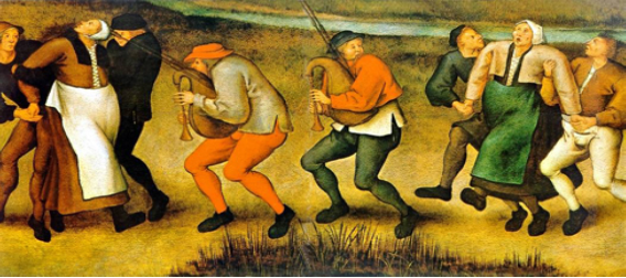 A painting shows a group of pilgrims dancing in a way that appears inconsistent and aimless.