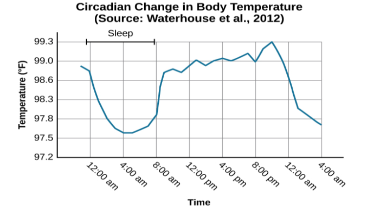 A line graph is titled “Circadian Change in Body Temperature (Source: Waterhouse et al., 2012).” The y-axis, is labeled “temperature (degrees Fahrenheit),” ranges from 97.2 to 99.3. The x-axis, which is labeled “time,” begins at 12:00 A.M. and ends at 4:00 A.M. the following day. The subjects slept from 12:00 A.M. until 8:00 A.M. during which time their average body temperatures dropped from around 98.8 degrees at midnight to 97.6 degrees at 4:00 A.M. and then gradually rose back to nearly the same starting temperature by 8:00 A.M. The average body temperature fluctuated slightly throughout the day with an upward tilt, until the next sleep cycle where the temperature again dropped.