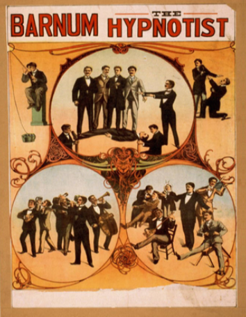 A poster titled “Barnum the Hypnotist” shows illustrations of a person performing hypnotism.