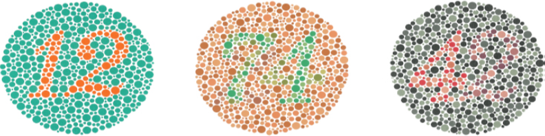 The figure includes three large circles that are made up of smaller circles of varying shades and sizes. Inside each large circle is a number that is made visible only by its different color. The first circle has an orange number 12 in a background of green. The second color has a green number 74 in a background of orange. The third circle has a red and brown number 42 in a background of black and gray.