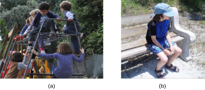 Photograph A shows several children climbing on playground equipment. Photograph B shows a child sitting alone on a bench.