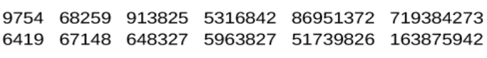 A series of numbers includes two rows, with six numbers in each row. From left to right, the numbers increase from four digits to five, six, seven, eight, and nine digits. The first row includes “9754,” “68259,” “913825,” “5316842,” “86951372,” and “719384273,” and the second row includes “6419,” “67148,” “648327,” “5963827,” “51739826,” and “163875942.”
