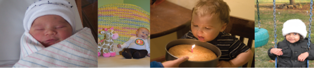 A collage of four photographs depicting babies is shown. From left to right they get progressively older. The far left photograph is a bundled up sleeping newborn. To the right is a picture of a toddler next to a toy giraffe. To the right is a baby blowing out a single candle. To the far right is a child on a swing set.