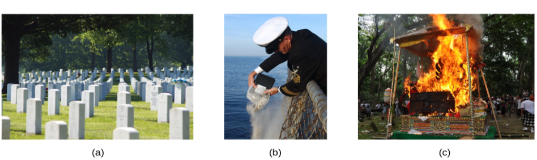 In figure a, a cemetery has many gravestones among the grass and trees. In Figure b, a Navy officer pours ashes into the sea. In figure c, people surround a decorated funeral pyre that is on fire.