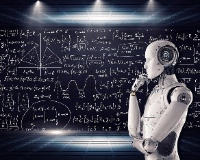 a robot and a board with mathematical formulas