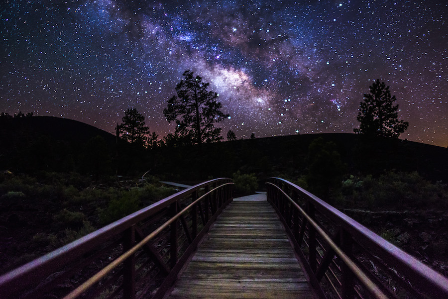 A footpath bridge at night leads off into the distance. Above the horizon on a cloudless, moonless night, the center of our Milky Way Galaxy in the constellation Sagittarius is seen with trees in the foreground.