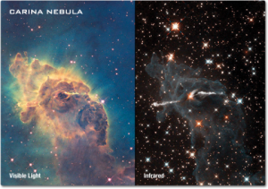 Images of the Carina Nebula taken in visible light (left) and infrared light (left) by the Hubble Space Telescope.