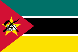 Mozambican flag, green, white, black yellow, red and gold. bayonet, shovel and book inside of a gold and white star on the left.