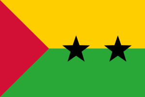 Flag of São Tomé e Príncipe, green, gold, red with two black stars.