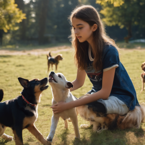 Teenage girl playing with dogs