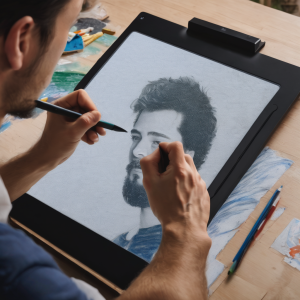 Young man drawing his portrait