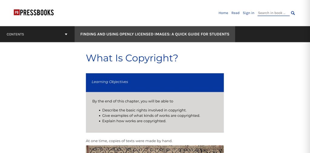 textbox including learning objectives for “What Is Copyright?” in Finding and Using Openly Licensed Images: A Quick Guide for Students