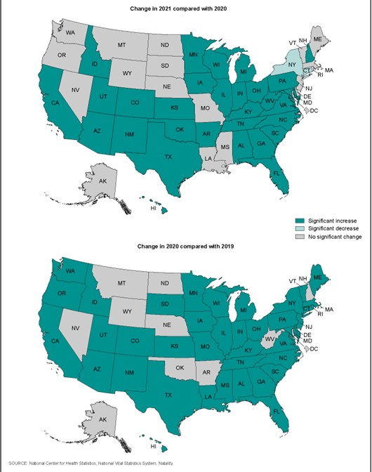 Two maps of the United States showing in dark green, significant increases in home births, light green, significant decreases in home births, and in grey, no significant change in home births.