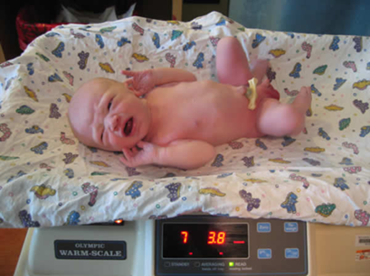 Newborn being weighed.