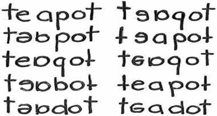 Example of the word "teapot" when written by an individual with dyslexia