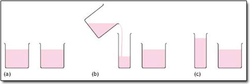 (a) two glasses of liquid with equal amounts, (b) pouring one of the glasses of liquid into a container that is longer and wider, and (c) image of a long narrow glass with higher level of liquid and short wider glass which appears to have less liquid.