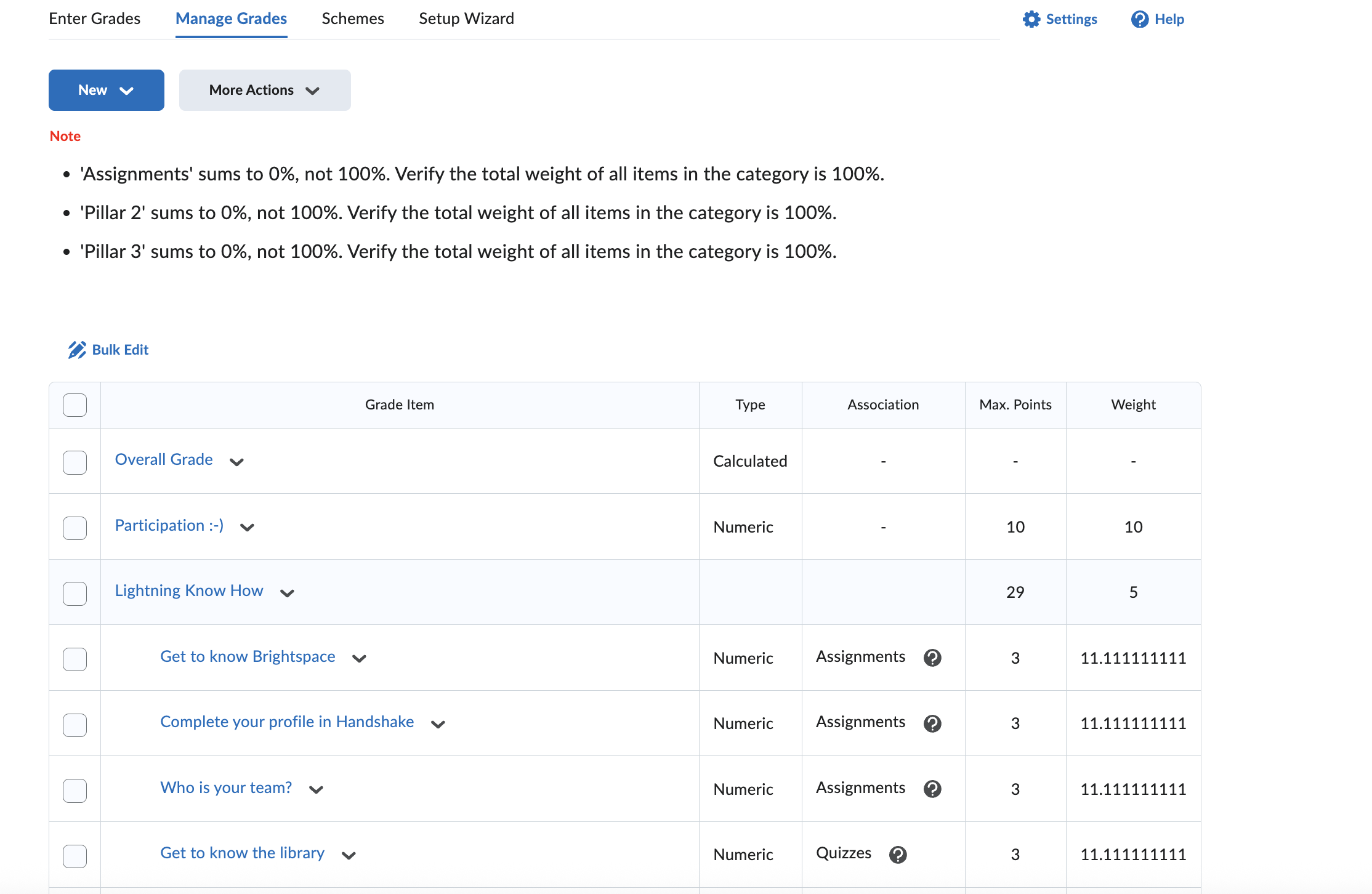 Screen shot of grade manager showing weights.