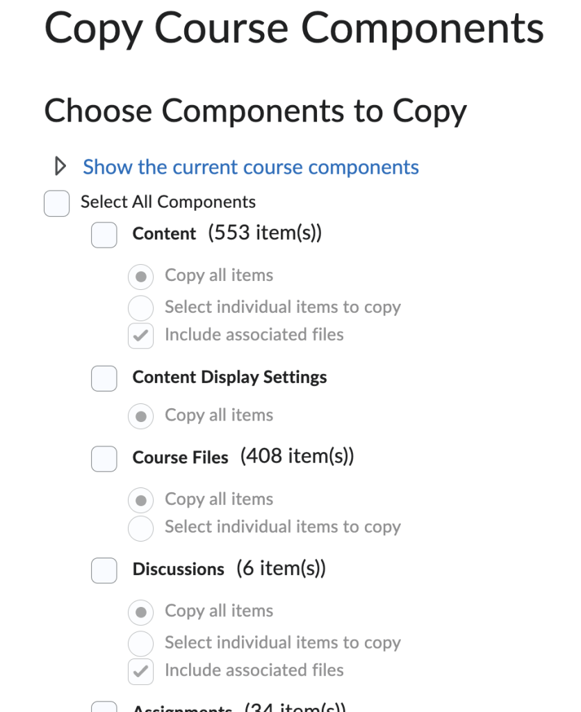 Course Component selection