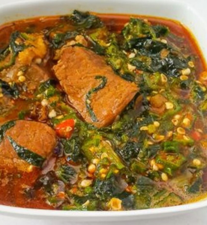 Stew of chopped green okra, scotch-bonnet peppers, onion, fish and meat in rich red broth.