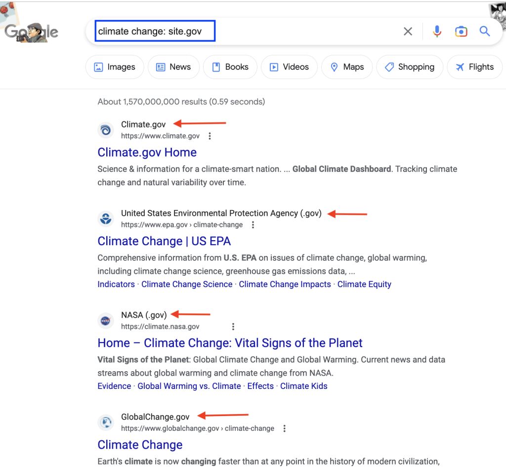 Screenshot of the top four Google search results from the input "climate change: site.gov" with red arrows highlighting that all of the search results are from government websites.