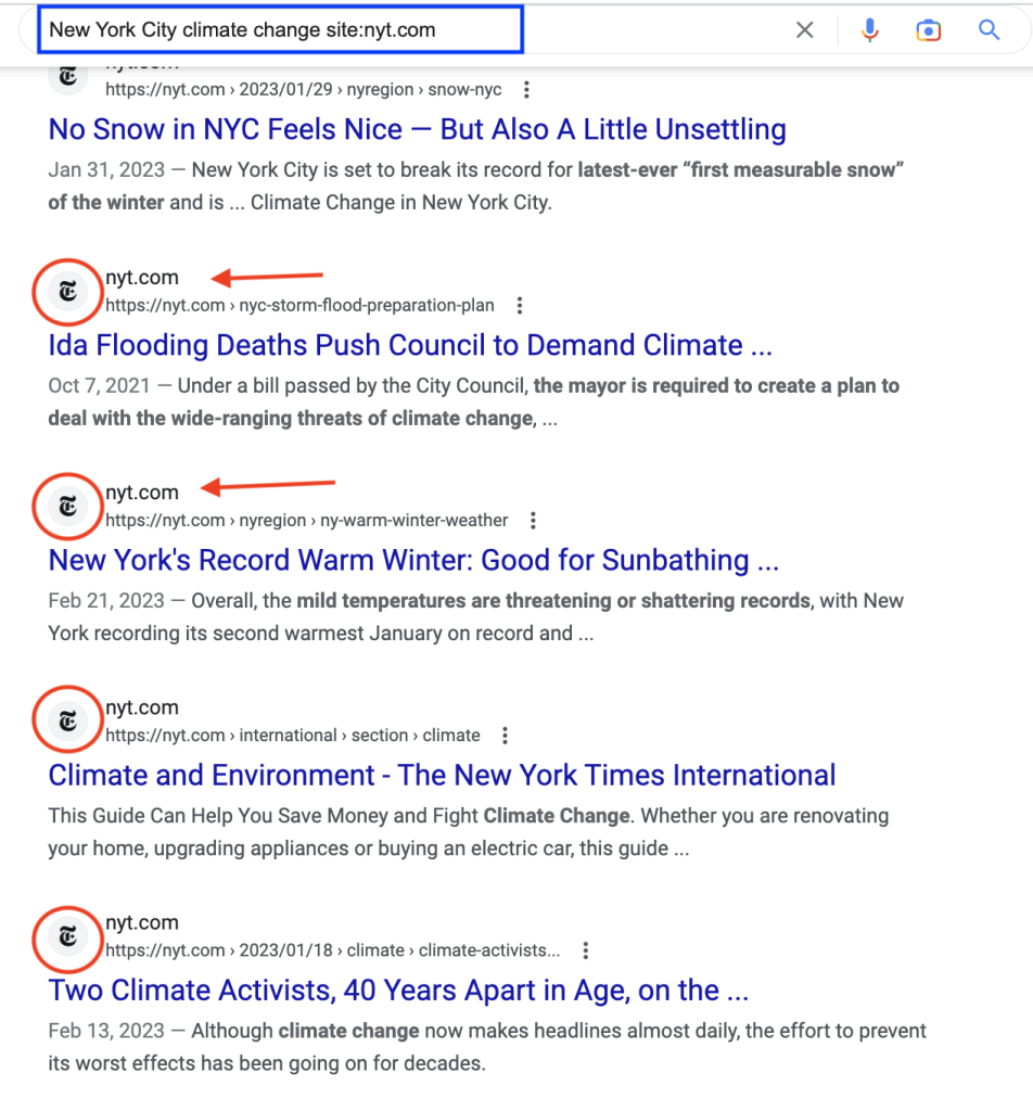 Screenshot showing the top five Google search results from the input "New York City climate change site: nyt.com" with red arrows highlighting that all the results are from the New York Times website.