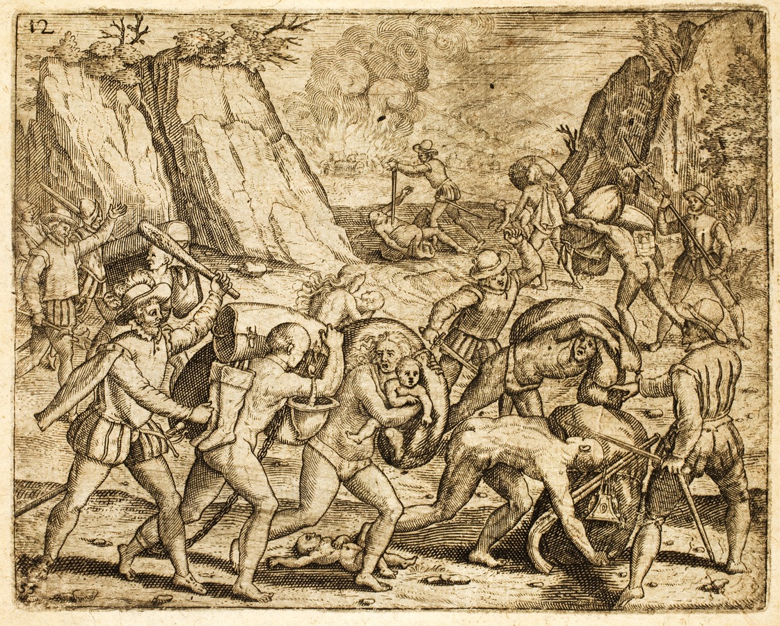 a print showing Spanish conquistadores beating and killing Native American people, including women and children