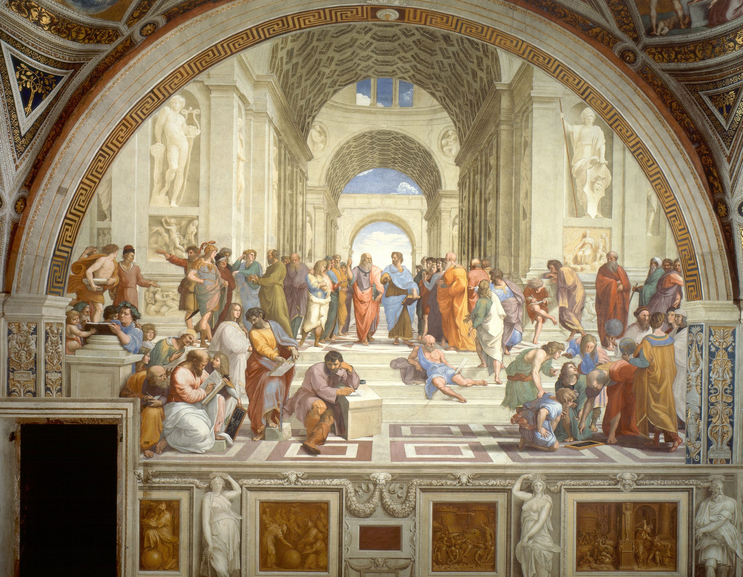 a group of about 30 white men in togas thinking and talking within a large, elegant, Classical building