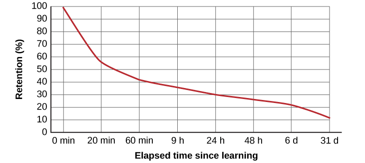 A line graph has an x-axis labeled “elapsed time since learning” with a scale listing these intervals: 0, 20, and 60 minutes; 9, 24, and 48 hours; and 6 and 31 days. The y-axis is labeled “retention (%)” with a scale of zero to 100. The line reflects these approximate data points: 0 minutes is 100%, 20 minutes is 55%, 60 minutes is 40%, 9 hours is 37%, 24 hours is 30%, 48 hours is 25%, 6 days is 20%, and 31 days is 10%.