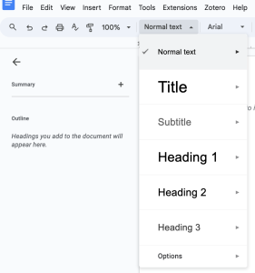 A drop-down menu in Google Docs displays options for headings