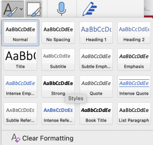 The styles menu in Microsoft Word displays headings and other preformatted style options.