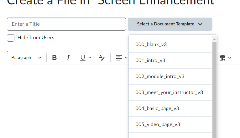 Brightspace template menu