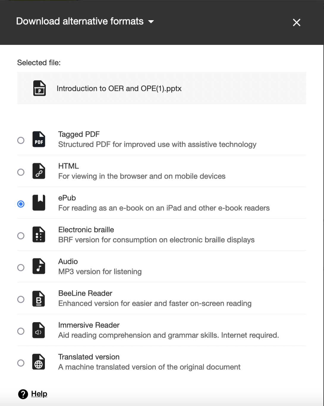 An Ally drop-down menu for a PowerPoint file displays options of Tagged PDF, HTML, ePub, electronic Braille, audio, BeeLine Reader, immersive reader, and translated version.