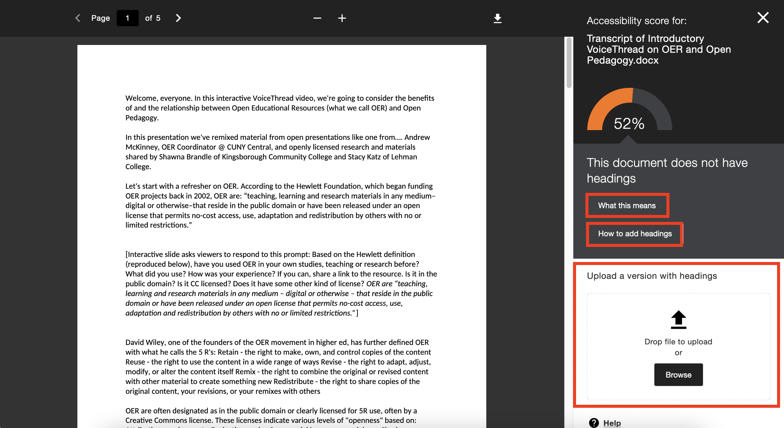 Ally provides an accessibility score for each item, the factors that result in the score, and step-by-step instructions on how to fix it.