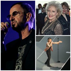 Collage of: Ringo Starr, Betty White, and Mick Jagger