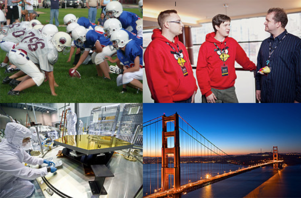 A collage of photos: A football game with players posed on the field, Two gaming engineers with angry bird gear, chemical engineers, and the golden gate bridge