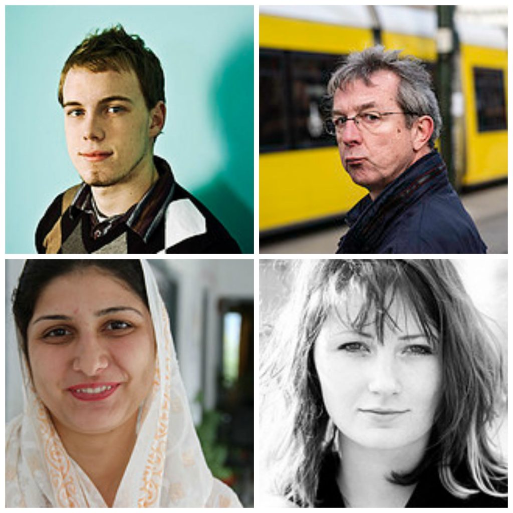 Collage of 4 very different people. A young man, an older  man, a muslim woman, and a young woman