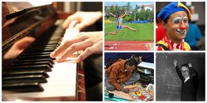 Collage (someone playing piano, a track runner leaping to the finish line, a happy clown, a man making a painting, a man writing math equations on a black board