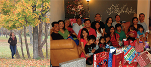 Left: woman standing alone at a tree (individualism), Right: Eastern family get together (collectivisim).