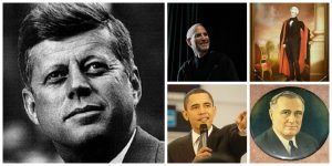 Collage of great leaders: JFK, Steve Jobs, Andrew Jackson, Barack Obama, and FDR