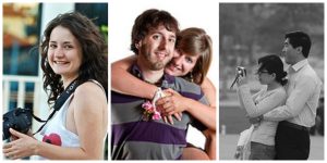 collage (girl smiling with camera, a happy couple hugging, and a happy couple hugging while taking a picture