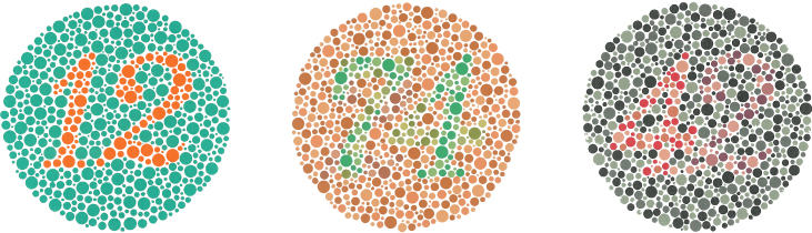 Three circles made of dots of different colors. There is a number in each of the three circles