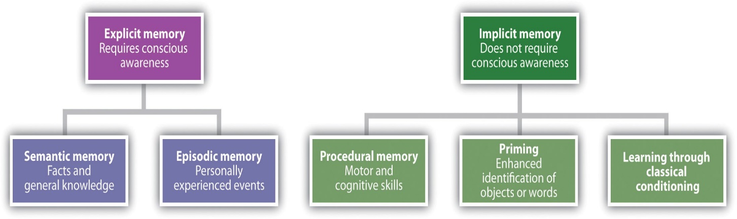 Flow diagram of LTM. Top left box is EXPLICIT MEMORY (with Semantic Memory and Episodic Memory under this) - top right is IMPLICIT MEMORY with Procedural Memory, Priming and Classical Conditioning under this.