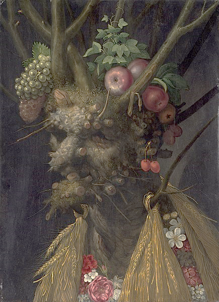 Picture of a person made up of flowers, plants, fruits